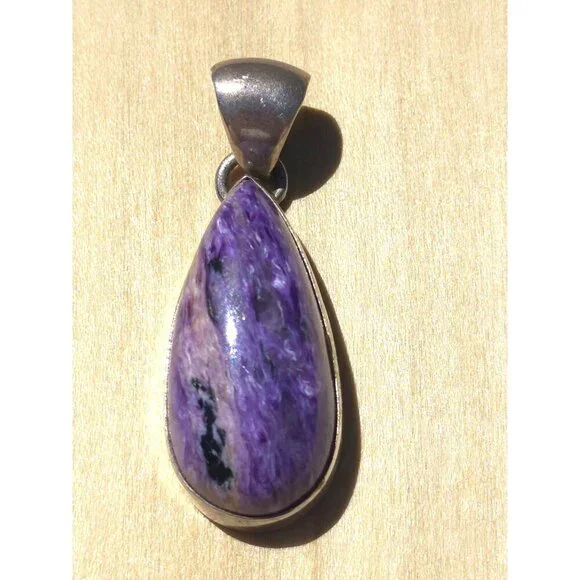 Sterling Silver 925 Teardrop Pendant With Purple Charoite Gemstone - Picture 2 of 7
